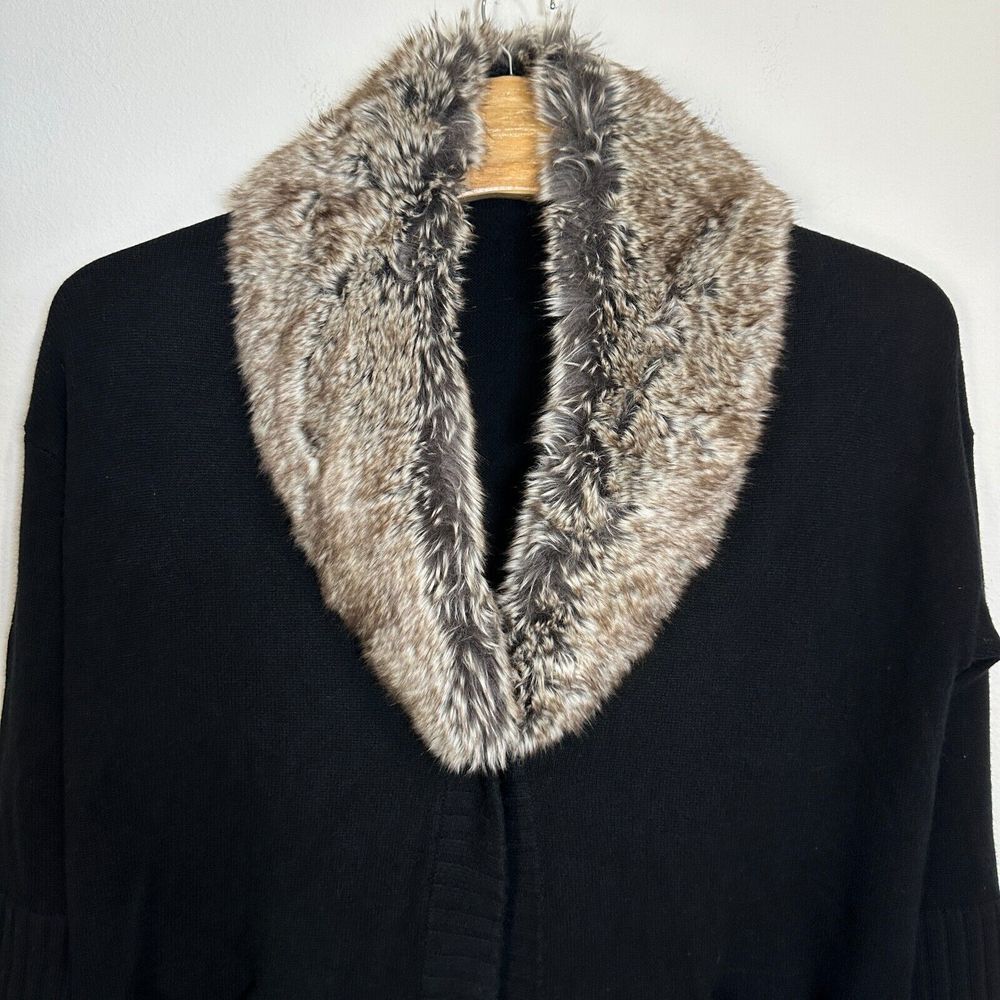 Kinross Cardigan Sweater Jacket Womens XL Black Cashmere Faux Fur Trim Pockets
